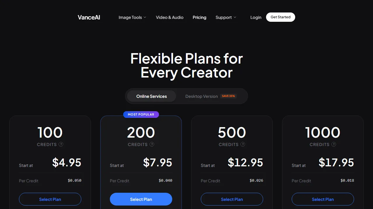 Vance AI pricing page: plans and rates