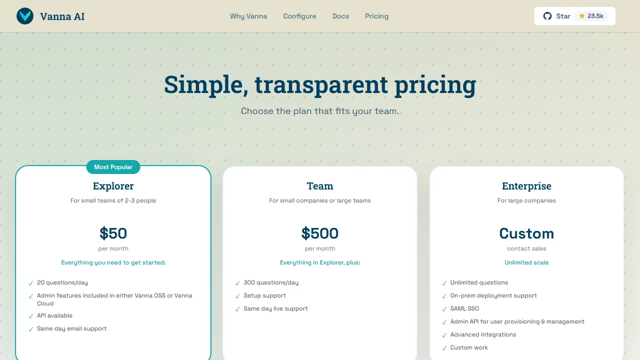 Vanna AI pricing page: plans and rates