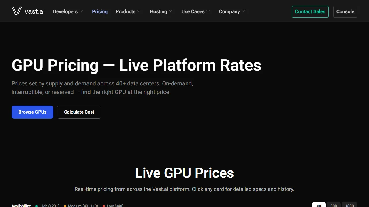 Vast.ai pricing page: plans and rates