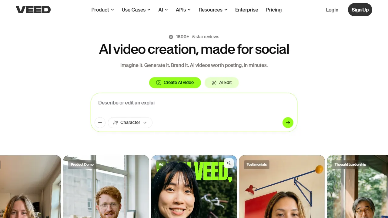 Veed.io homepage, video AI tool