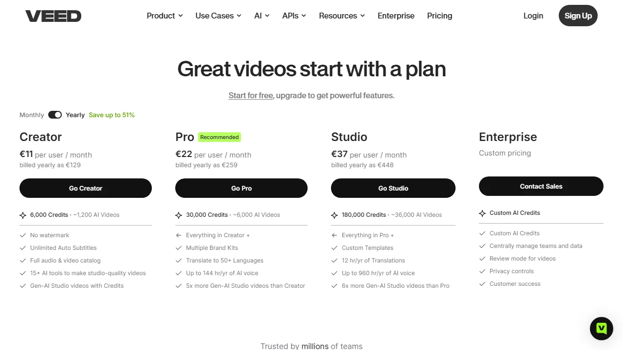 Veed.io pricing page: plans and rates