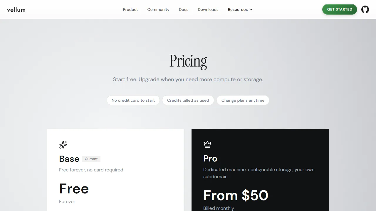 Vellum pricing page: plans and rates