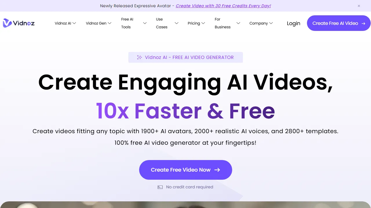 Vidnoz homepage, video AI tool