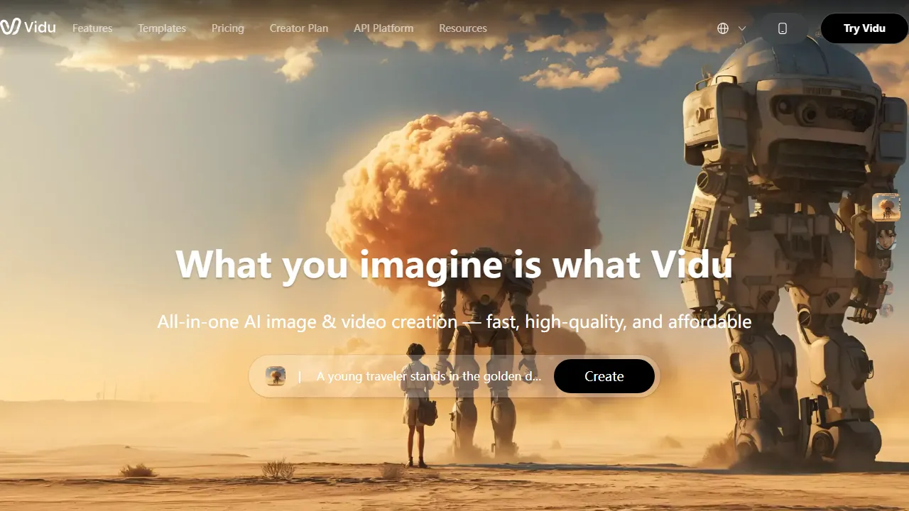 Vidu homepage, video AI tool