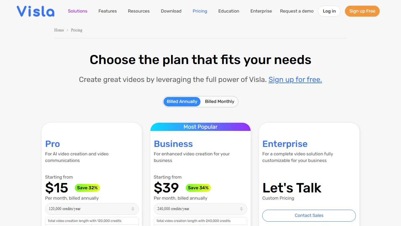 Visla pricing page: plans and rates