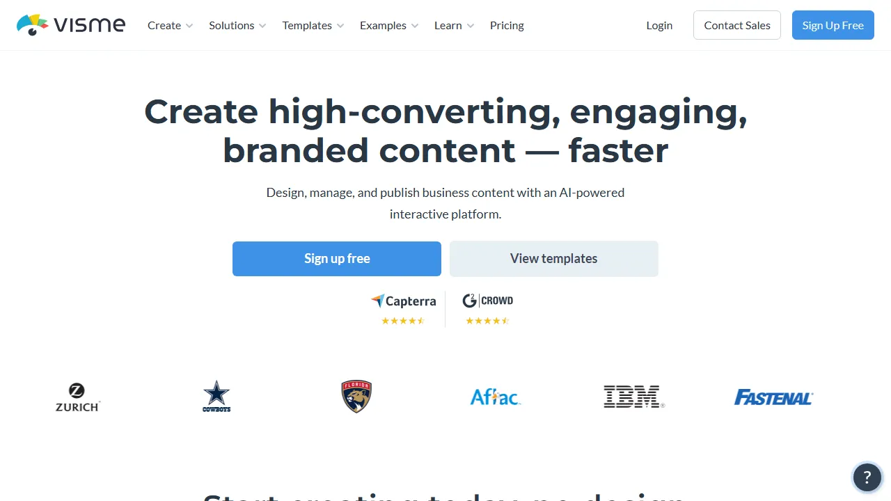 Visme AI homepage, presentation AI tool