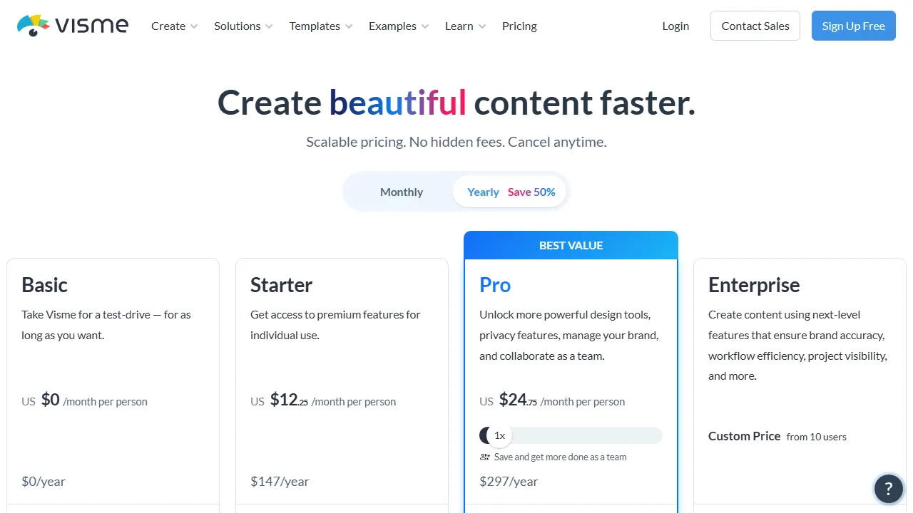 Visme AI pricing page: plans and rates