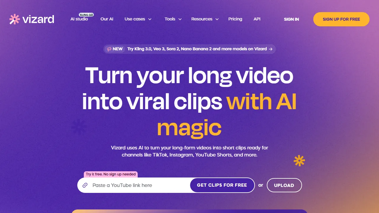 Vizard homepage, video AI tool