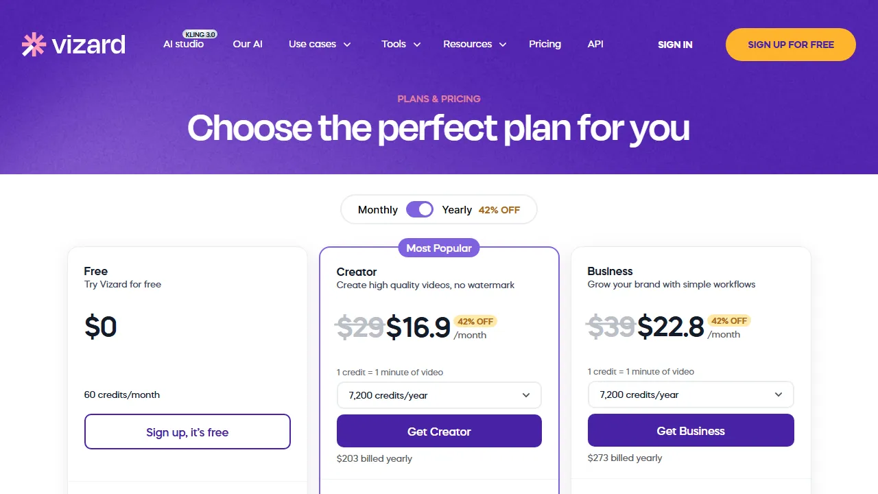 Vizard pricing page: plans and rates