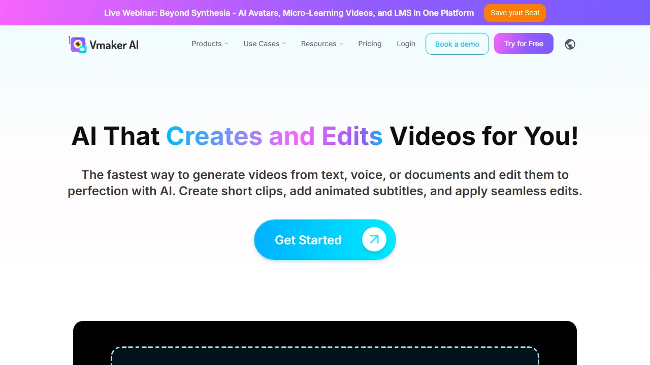 Vmaker homepage, video AI tool