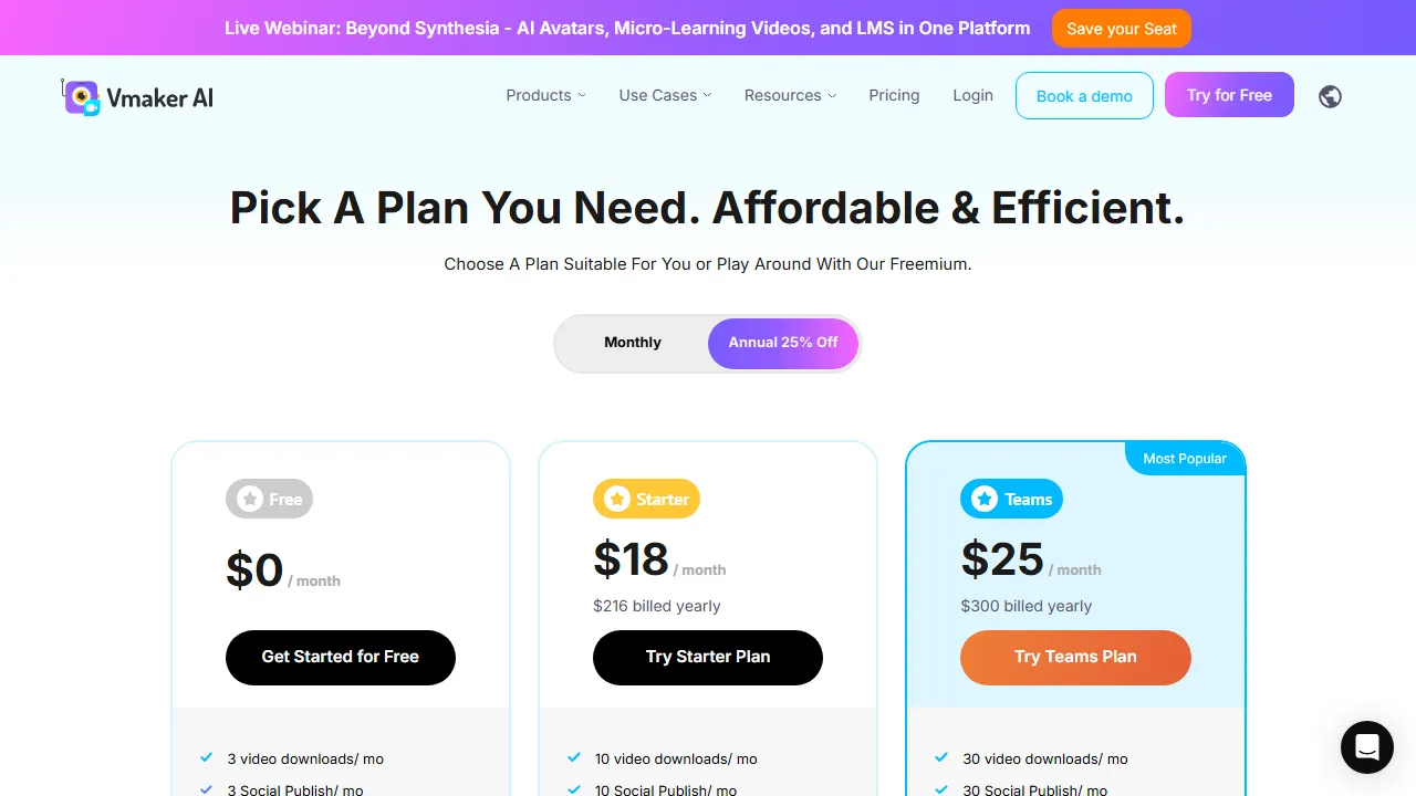 Vmaker pricing page: plans and rates
