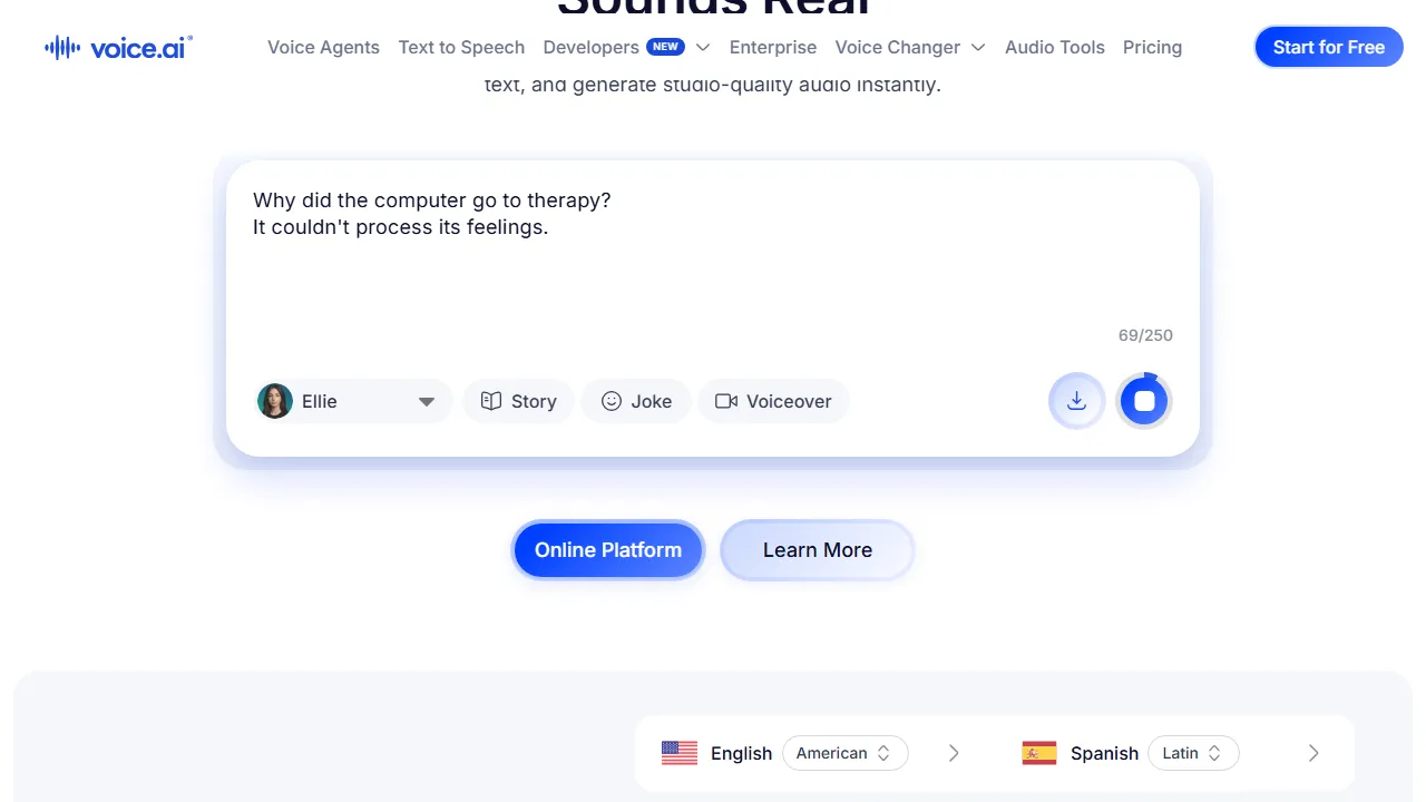 Voice AI homepage, voice & audio AI tool
