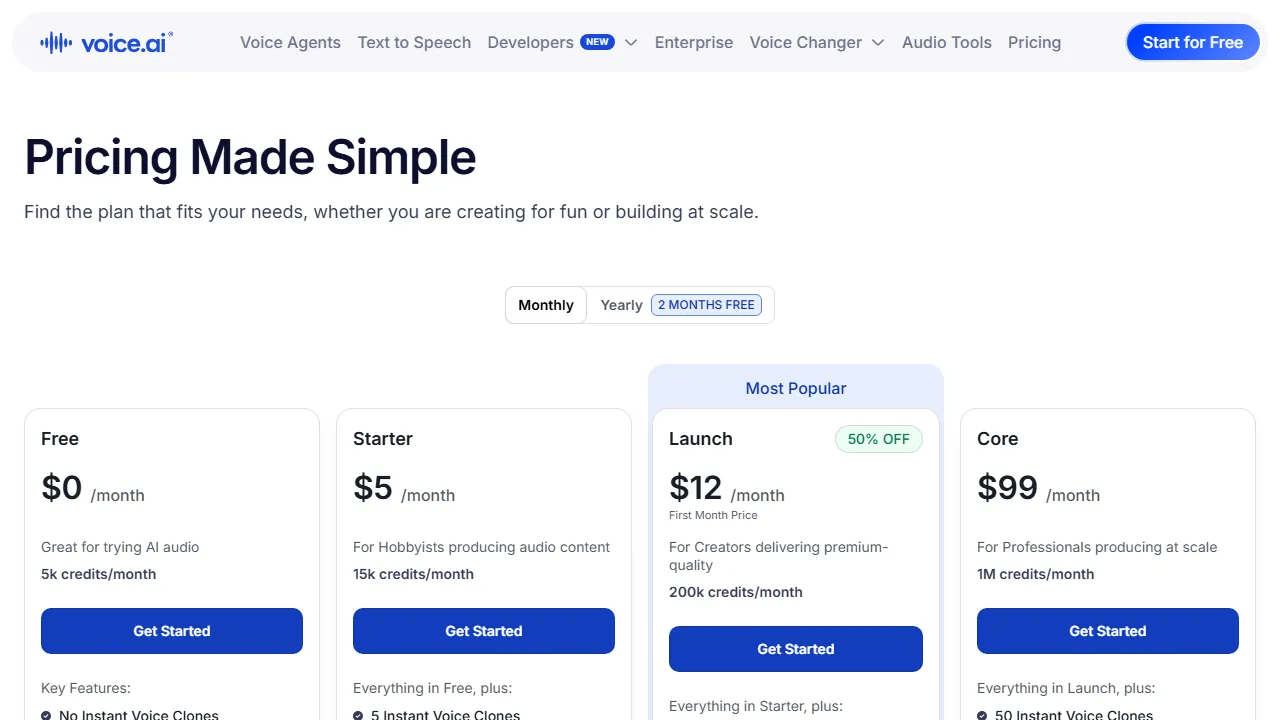 Voice AI pricing page: plans and rates