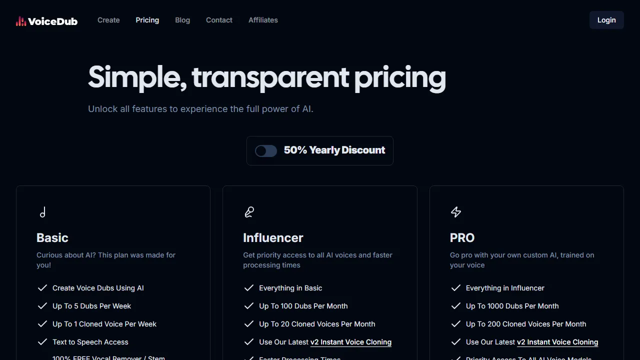 Voice Dub pricing page: plans and rates