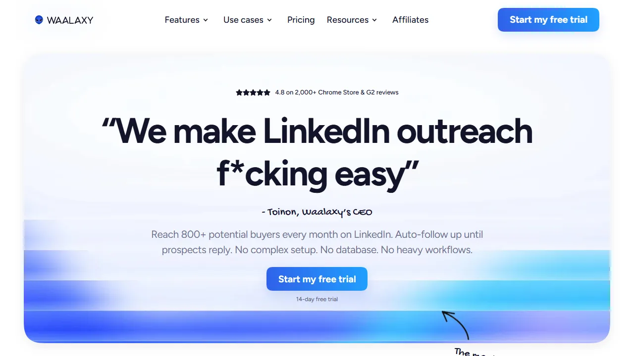 Waalaxy homepage, marketing & seo AI tool