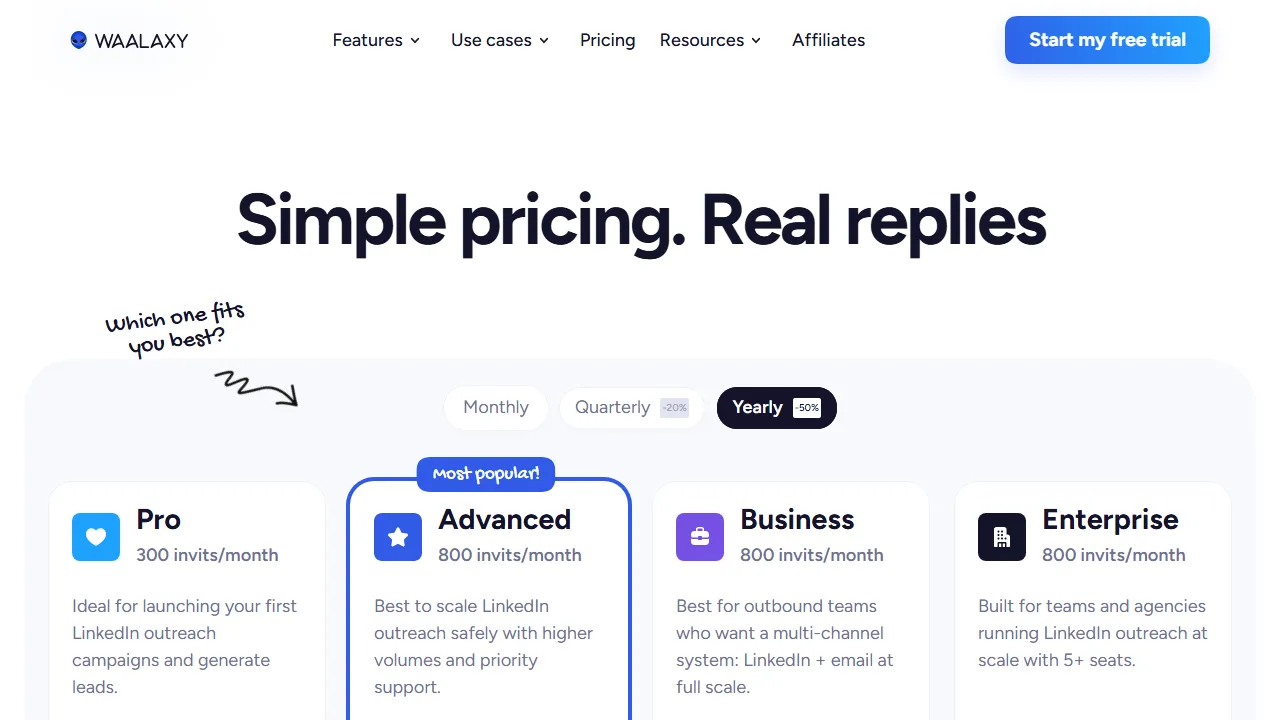 Waalaxy pricing page: plans and rates
