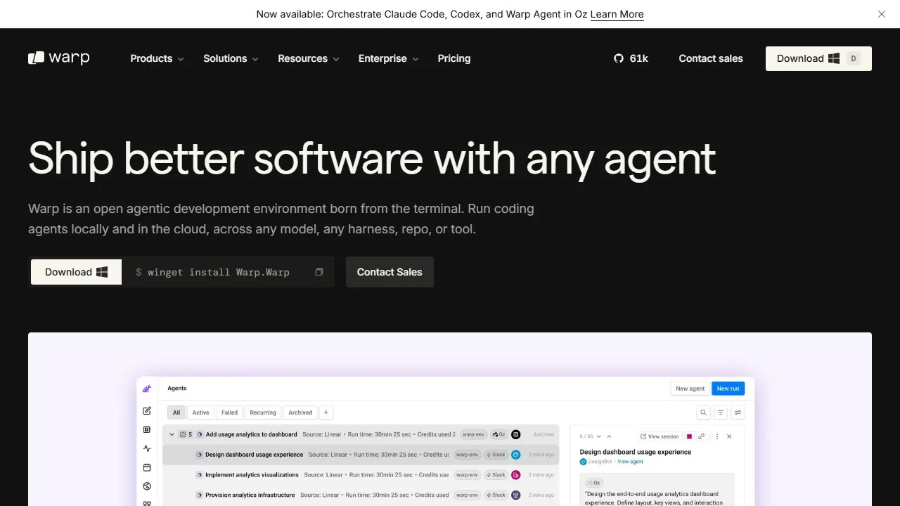 Warp homepage, code AI tool