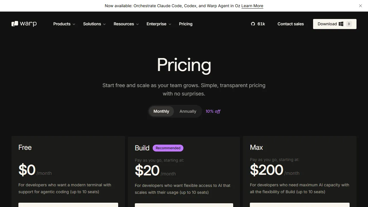 Warp pricing page: plans and rates