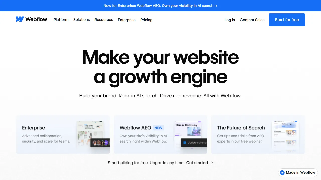 Webflow homepage, no-code AI tool