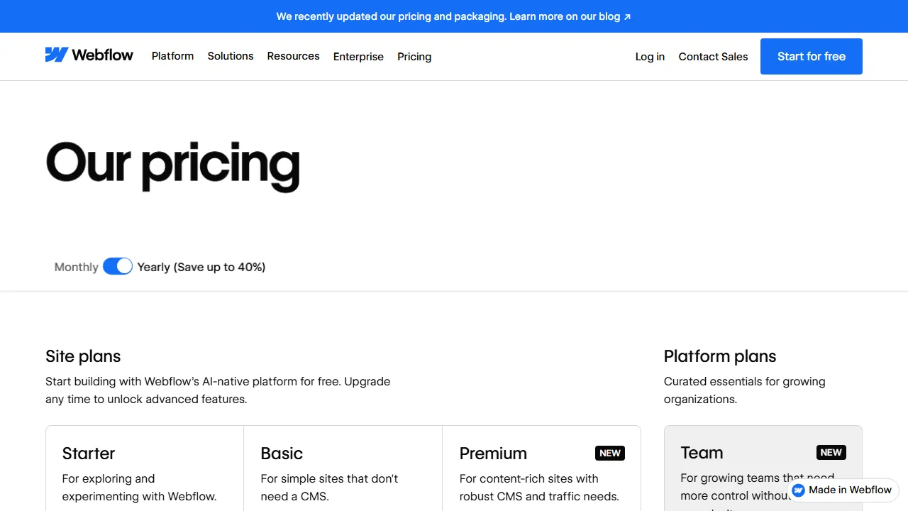 Webflow pricing page: plans and rates