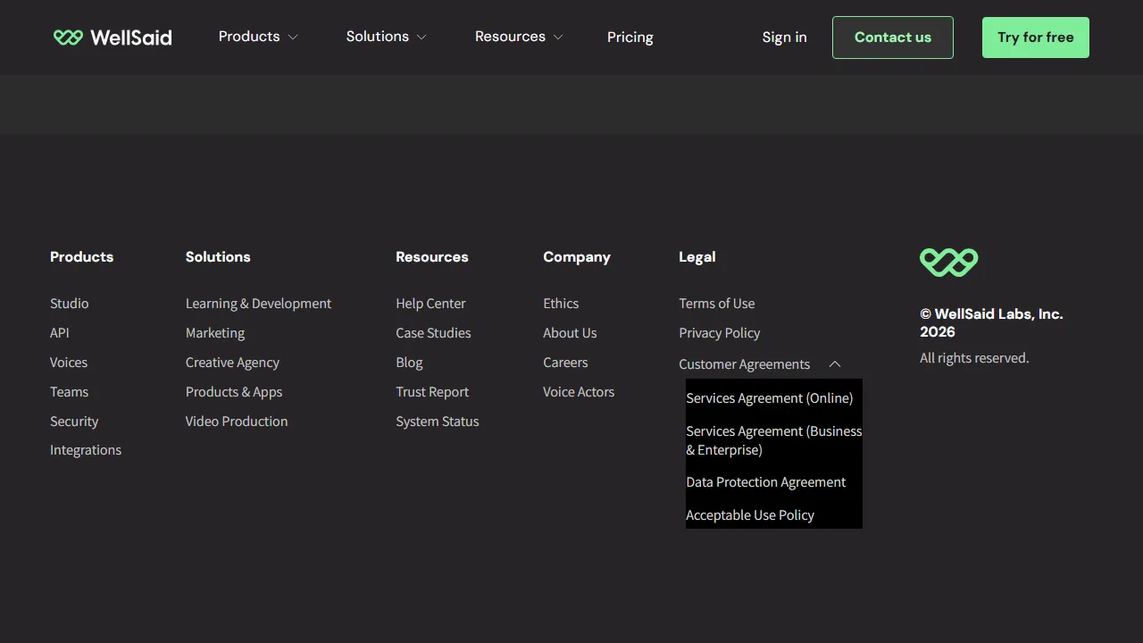 WellSaid Labs homepage, voice & audio AI tool
