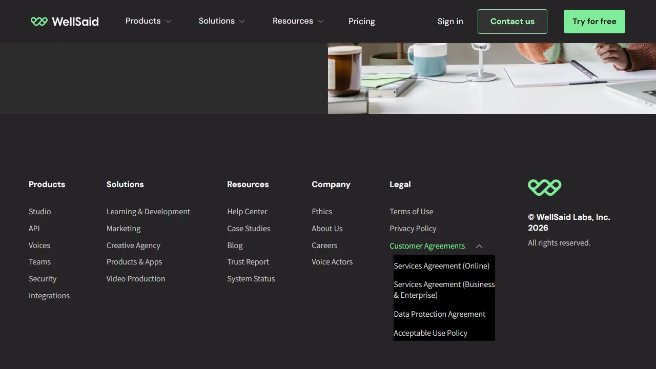 WellSaid Labs pricing page: plans and rates