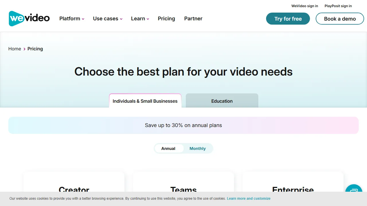 WeVideo pricing page: plans and rates