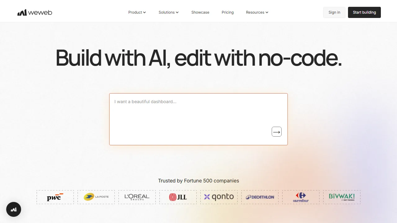 WeWeb homepage, no-code AI tool