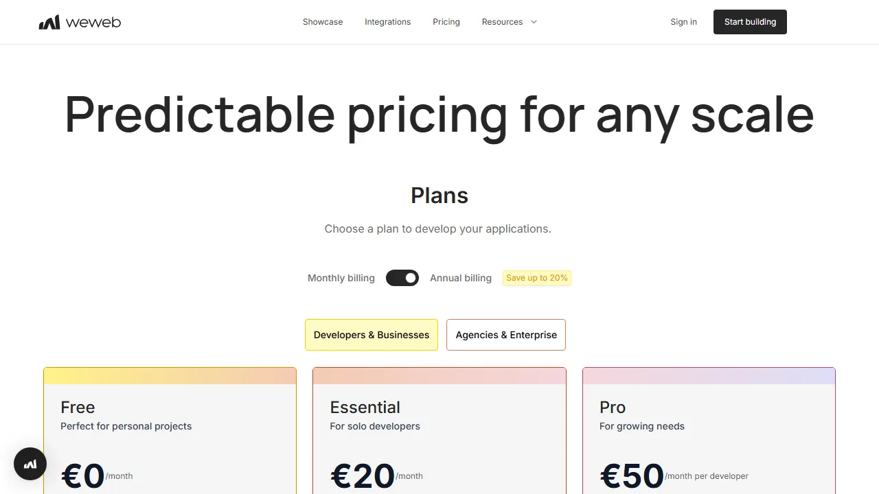 WeWeb pricing page: plans and rates