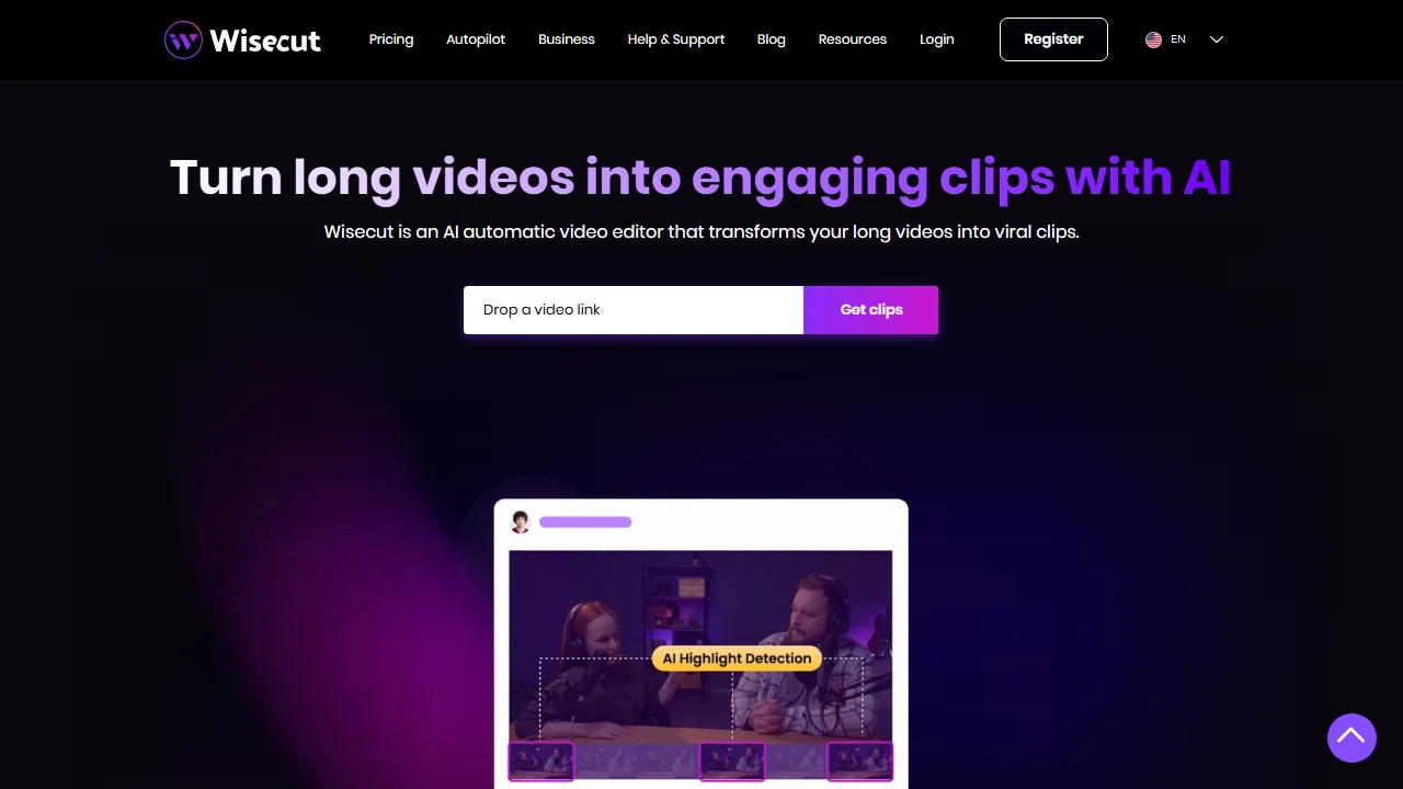 Wisecut homepage, video AI tool