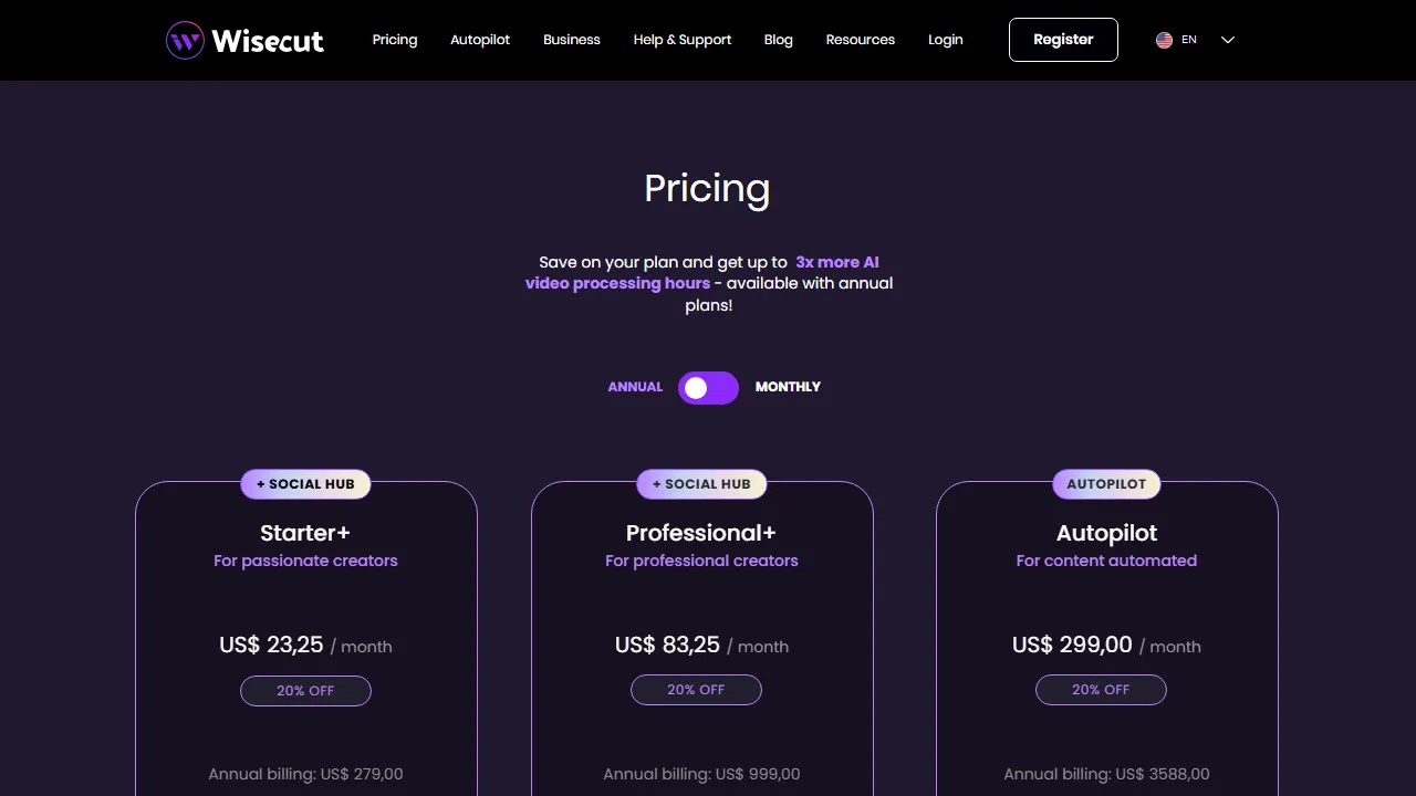 Wisecut pricing page: plans and rates