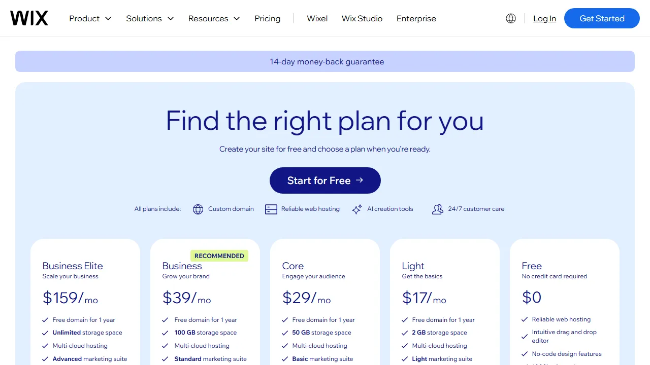 Wix Studio pricing page: plans and rates