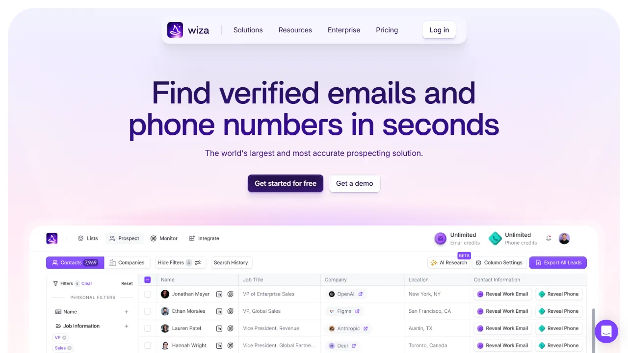 Wiza homepage, marketing & seo AI tool