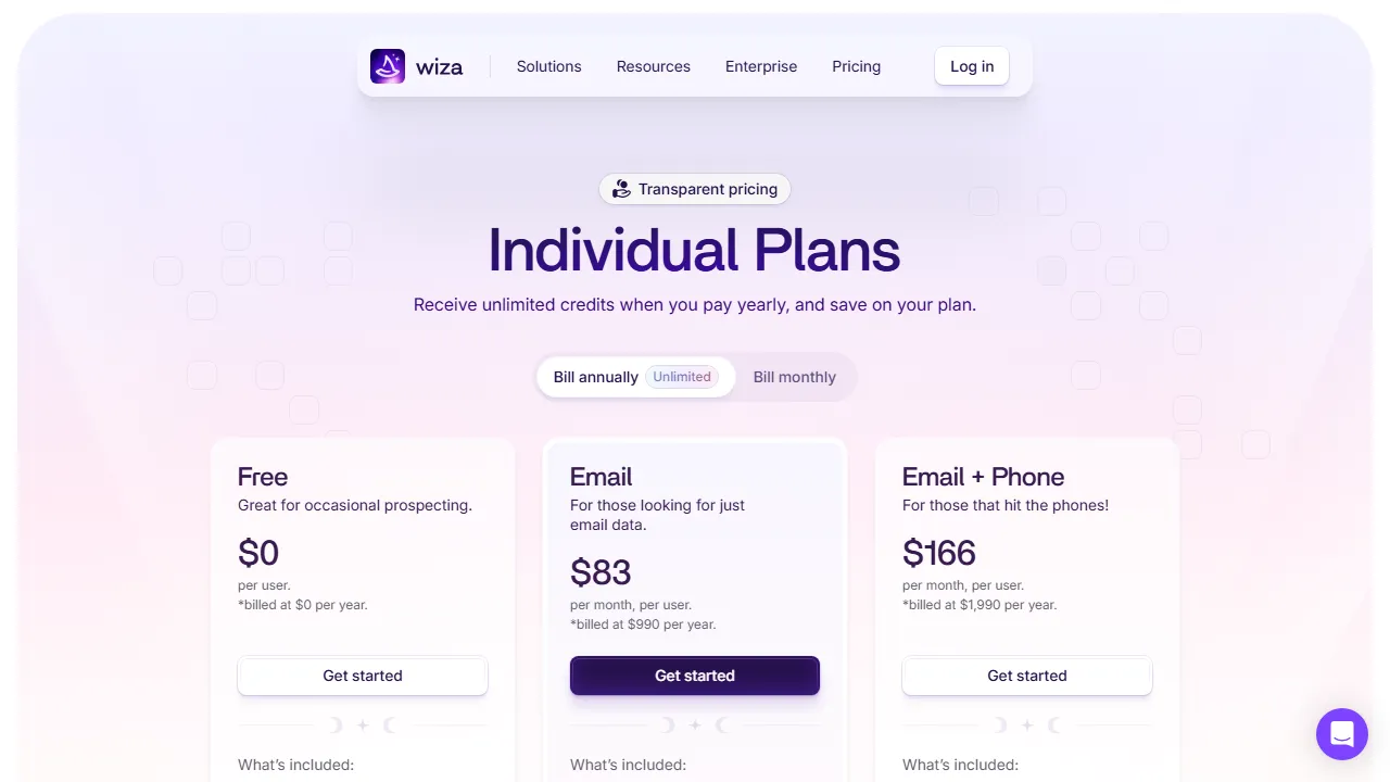 Wiza pricing page: plans and rates