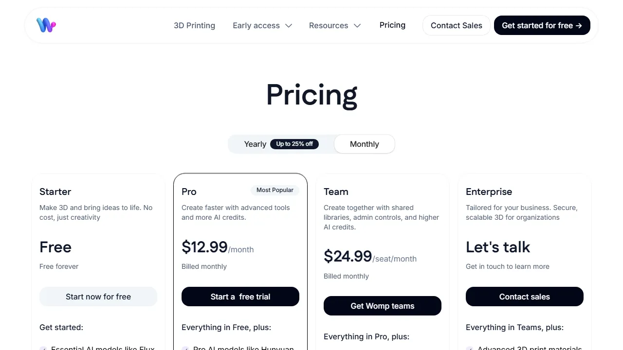 Womp pricing page: plans and rates