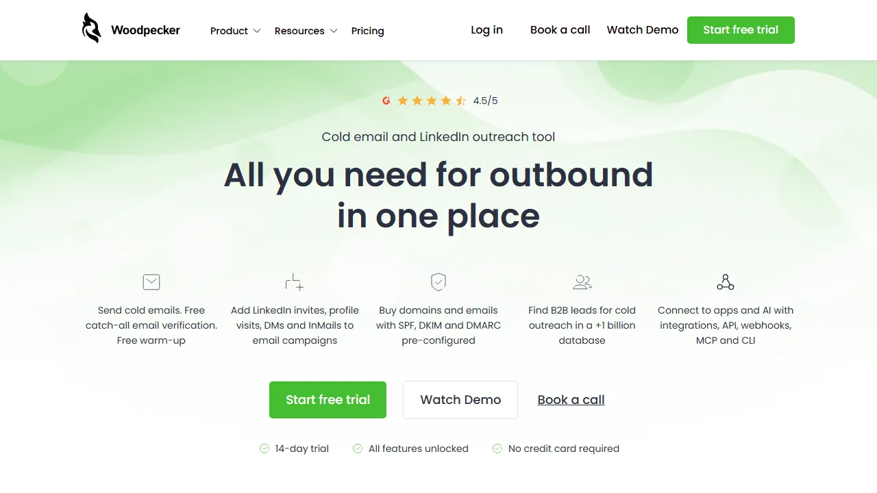 Woodpecker homepage, marketing & seo AI tool