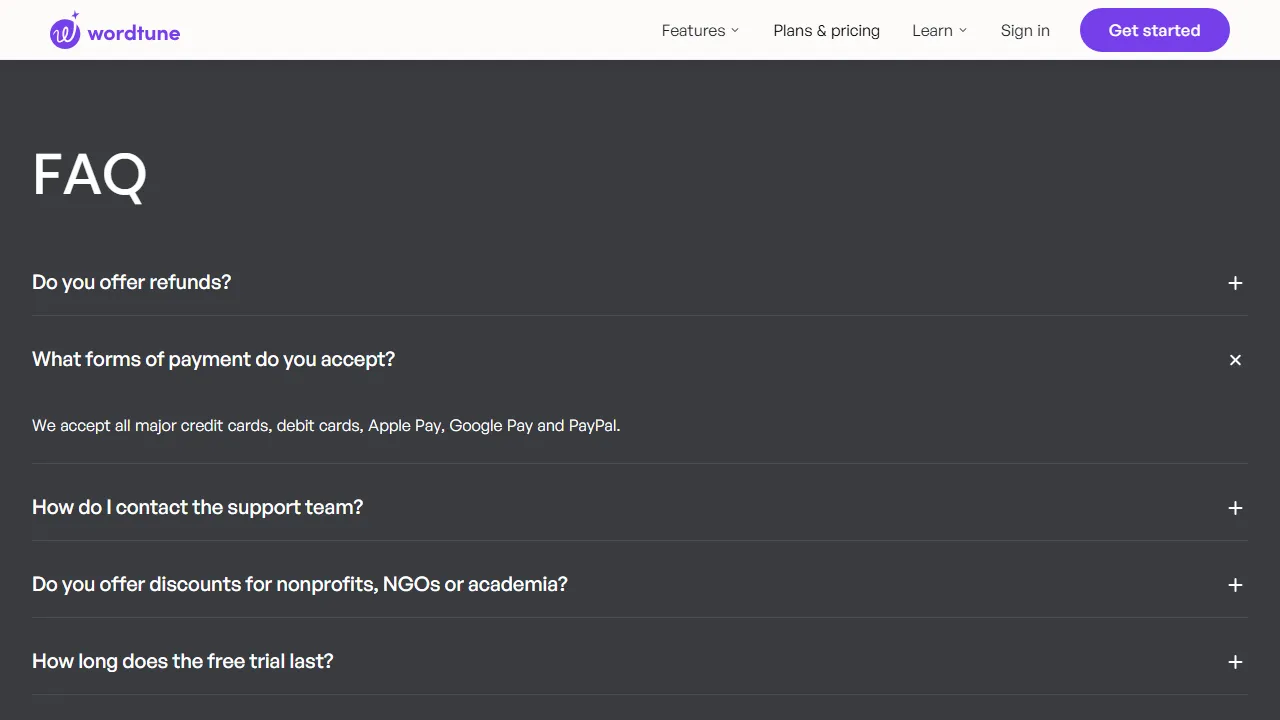 Wordtune pricing page: plans and rates
