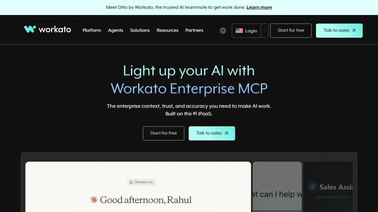 Workato homepage, automation AI tool