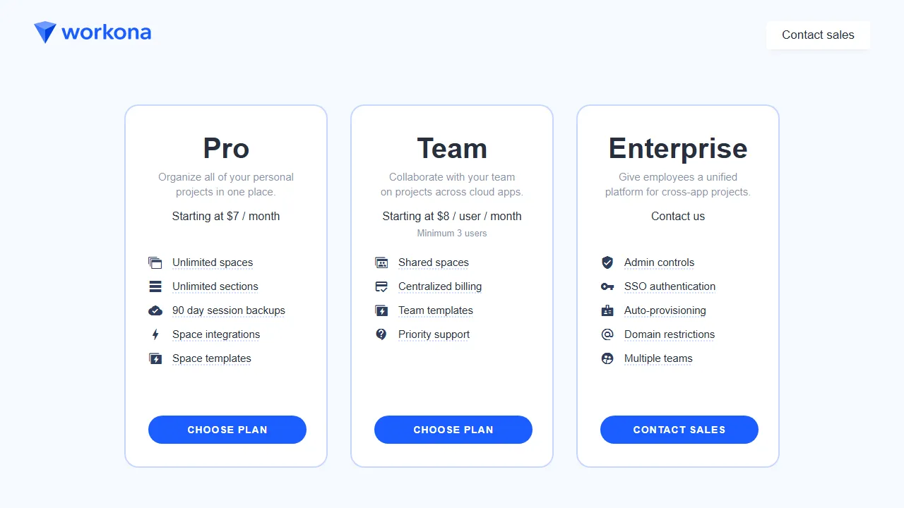 Workona pricing page: plans and rates
