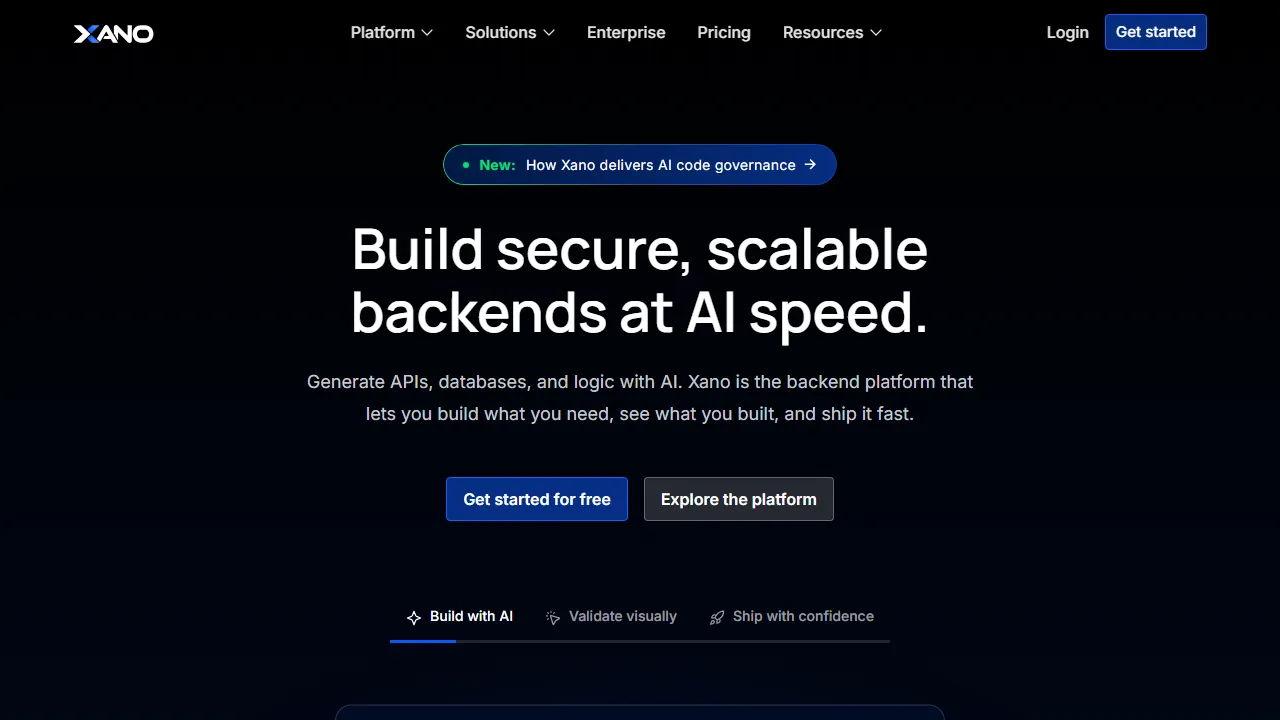 Xano homepage, no-code AI tool