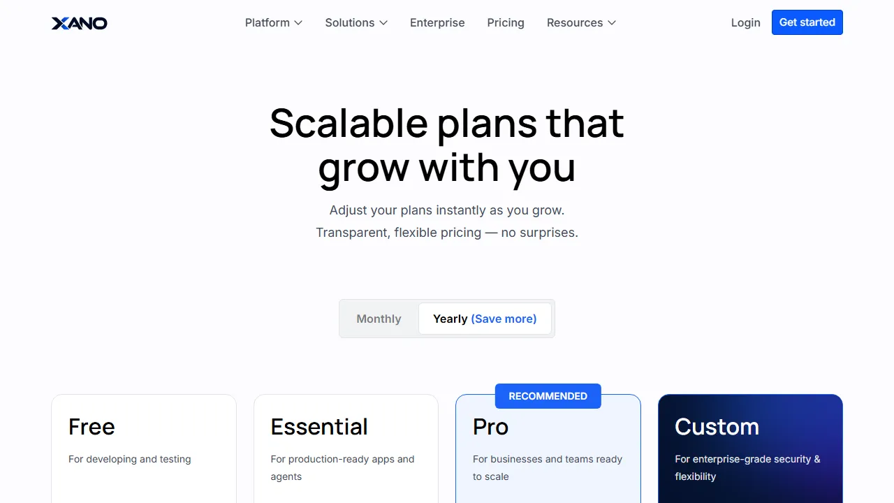 Xano pricing page: plans and rates