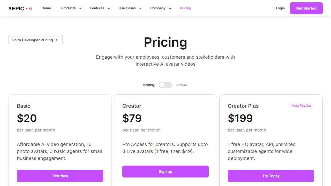 Yepic AI pricing page: plans and rates