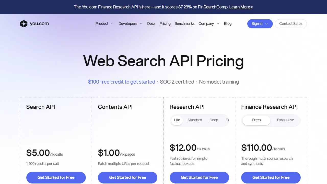 You.com pricing page: plans and rates