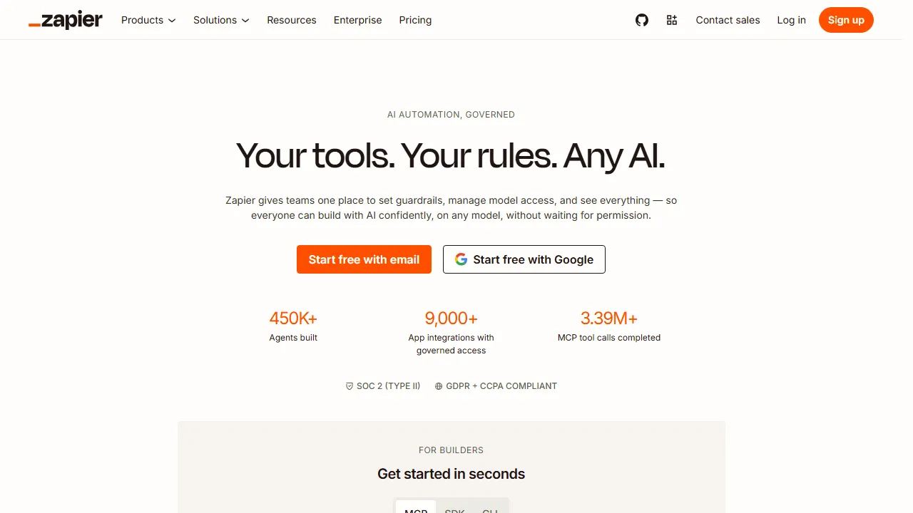 Zapier homepage, automation AI tool