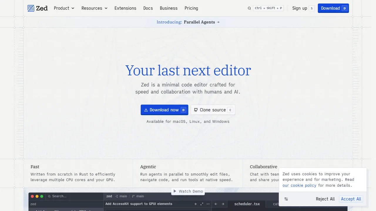 Zed homepage, code AI tool