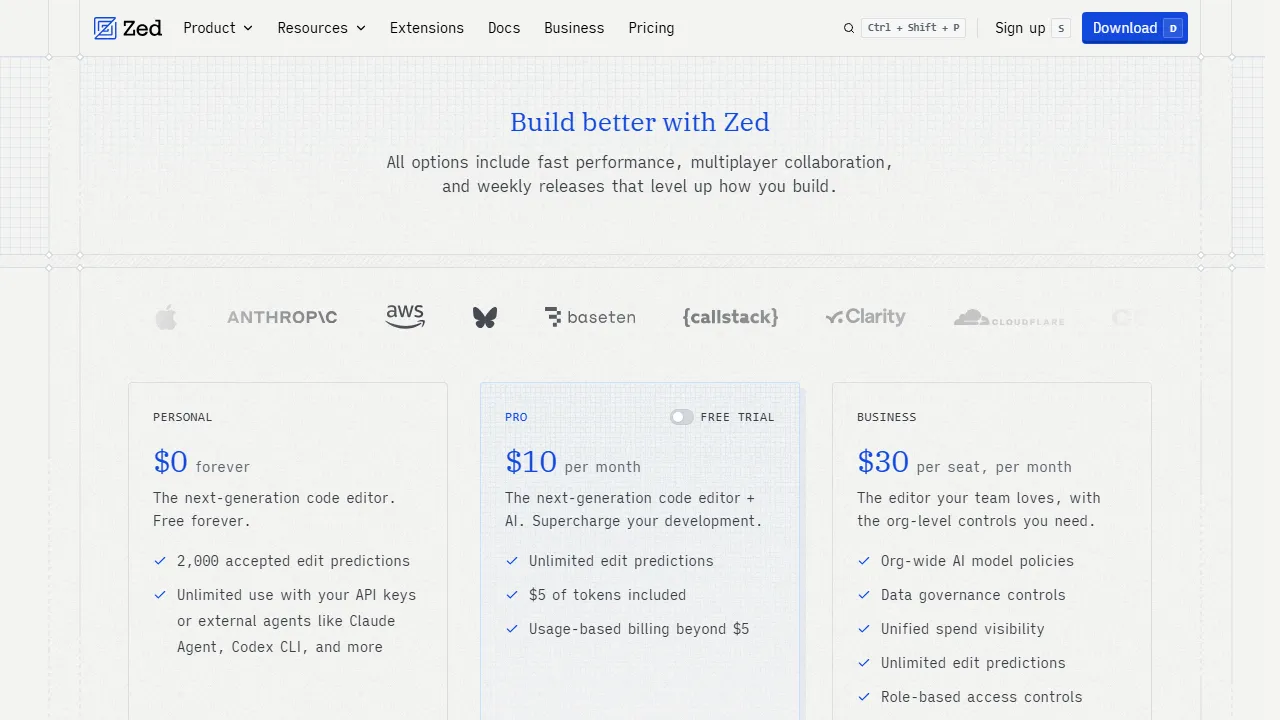 Zed pricing page: plans and rates