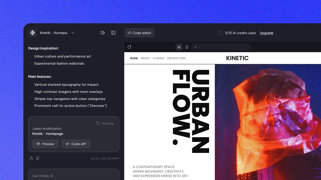 10Web interface in use