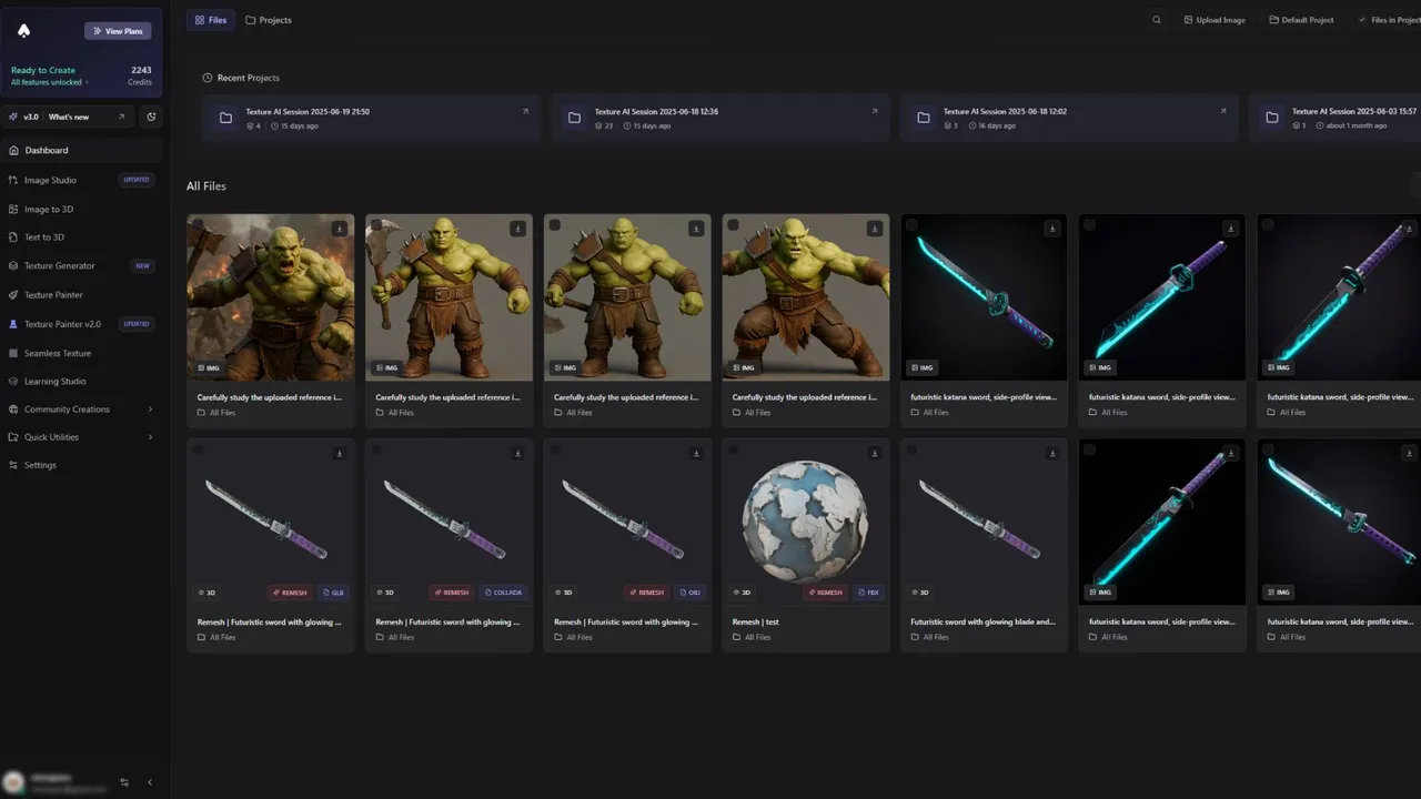 3DAI Studio dashboard view