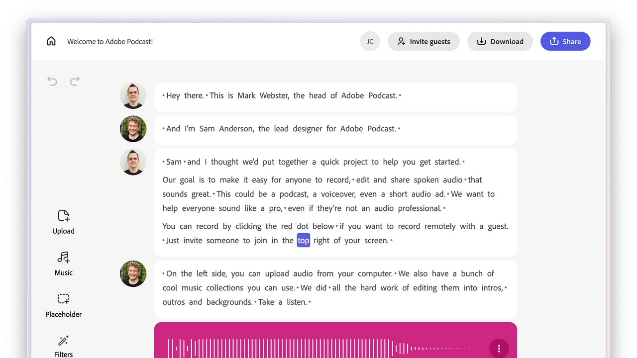 Adobe Podcast app screen