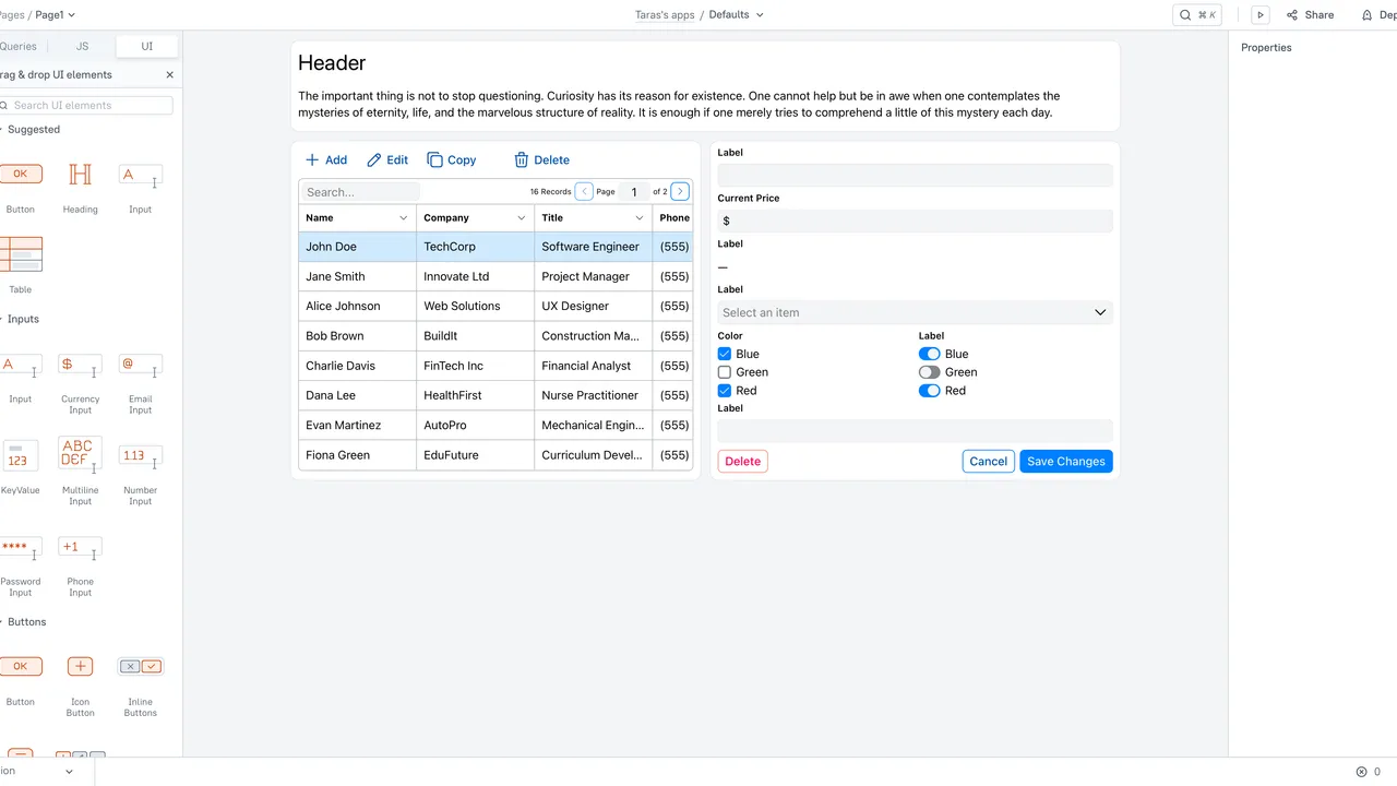 Appsmith app screen